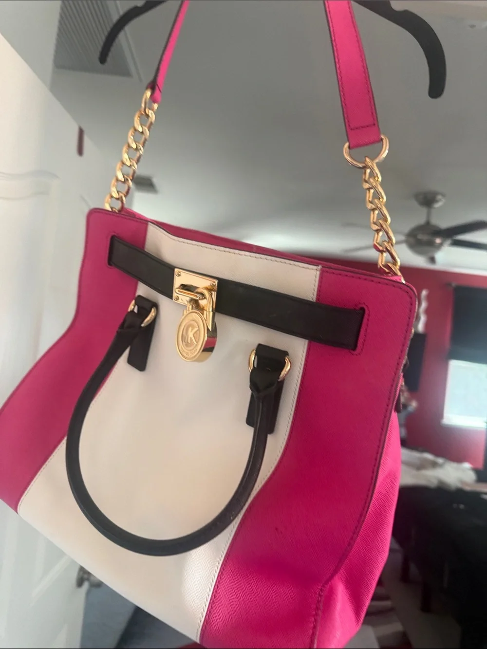 Michael Kors Pink, White & Black Leather Satchel with Gold Hardware !!